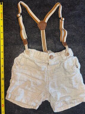 ZARA Baby Suspender Shorts Beige Linen Look 9–12 Months
